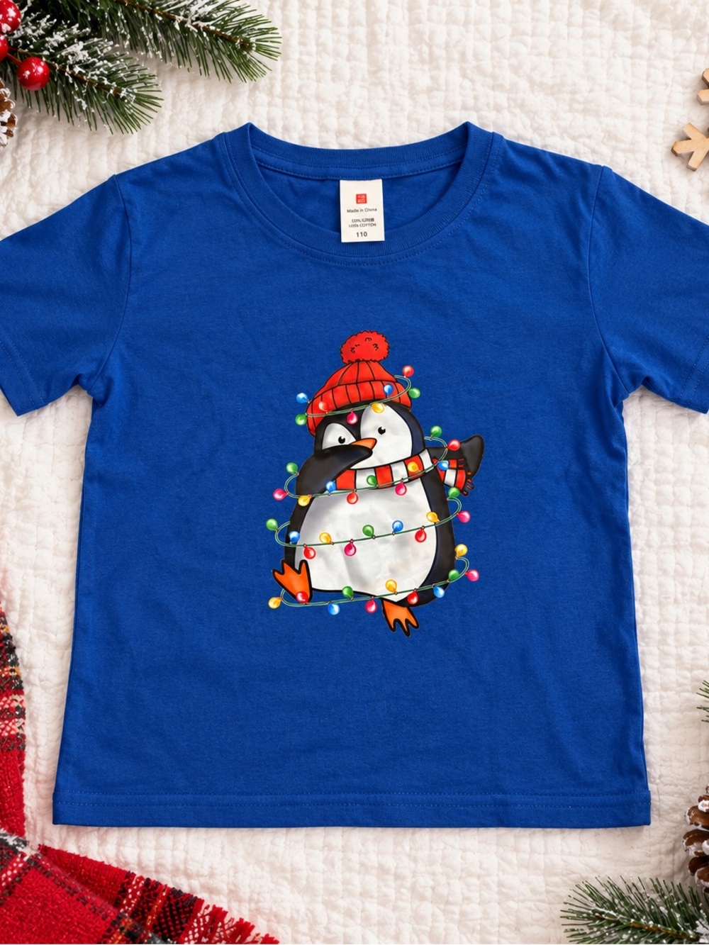 Kids Christmas Penguin T-Shirt Holiday Lights Blue Size 110